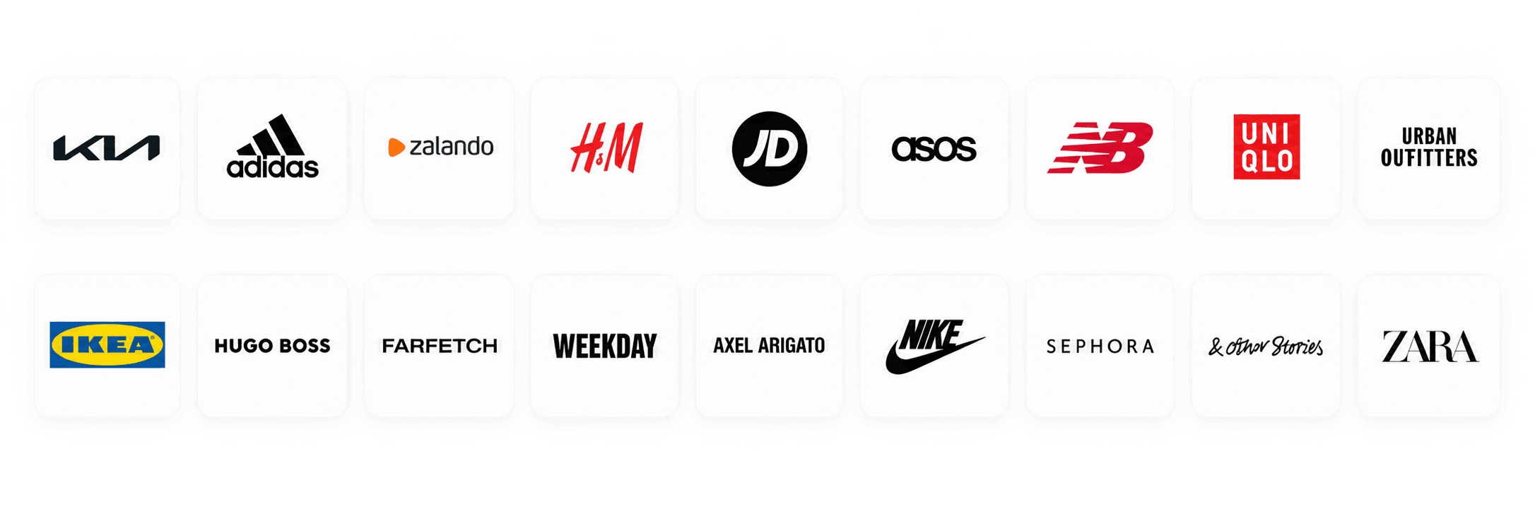 Logos of stores NuWish can save gifts from: Kia, Adidas, Zalando, H&M, JD, Asos, New Balance, Uniqlo, Urban Outfitters, Ikea, Hugo Boss, Farfetch, Weekday, Axel Arigato, Nike, Sephora, & Other Stories, Zara