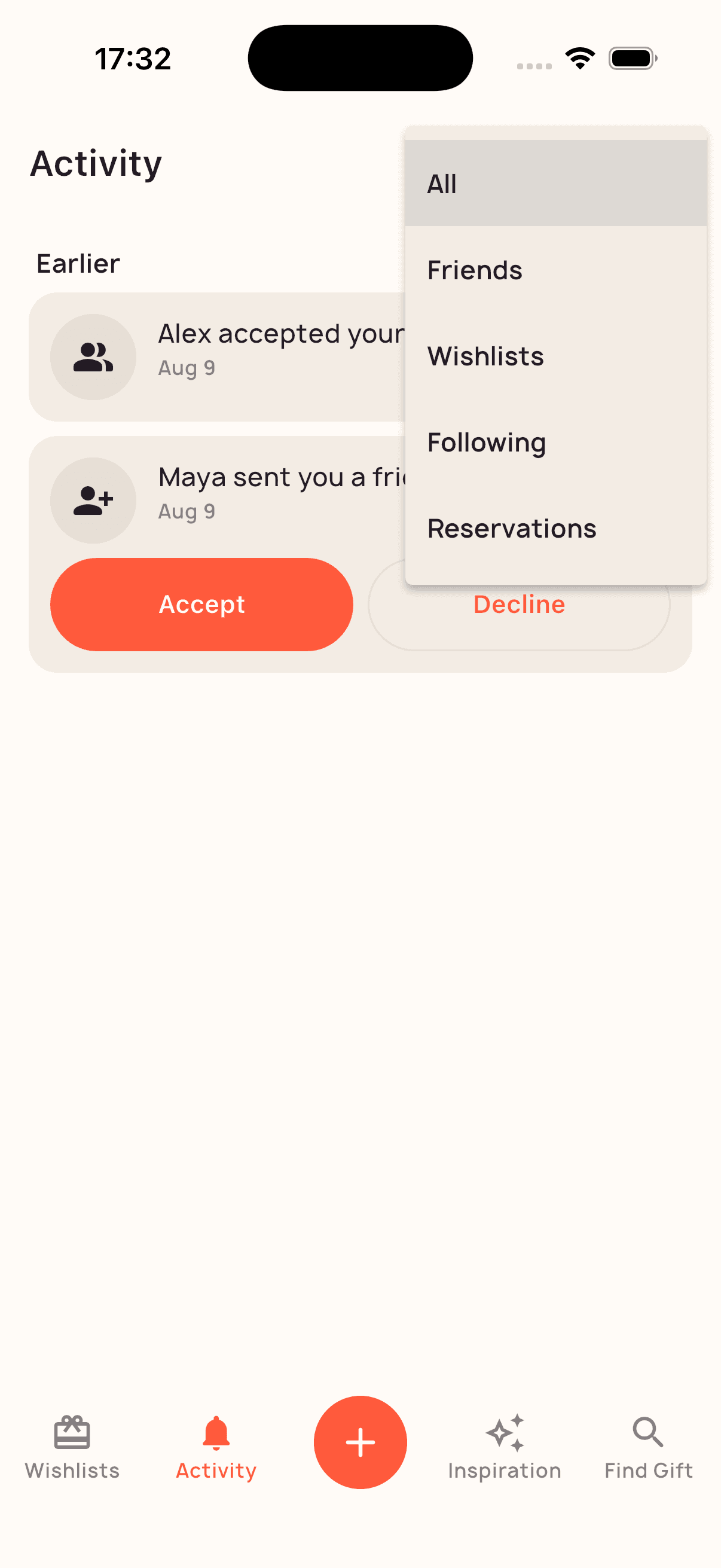 The NuWish activity feed showing a friend request accepted and another pending