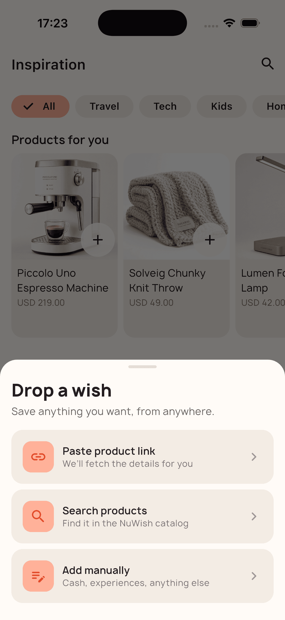The Drop a wish sheet in NuWish, with options to paste a product link, search products, or add manually