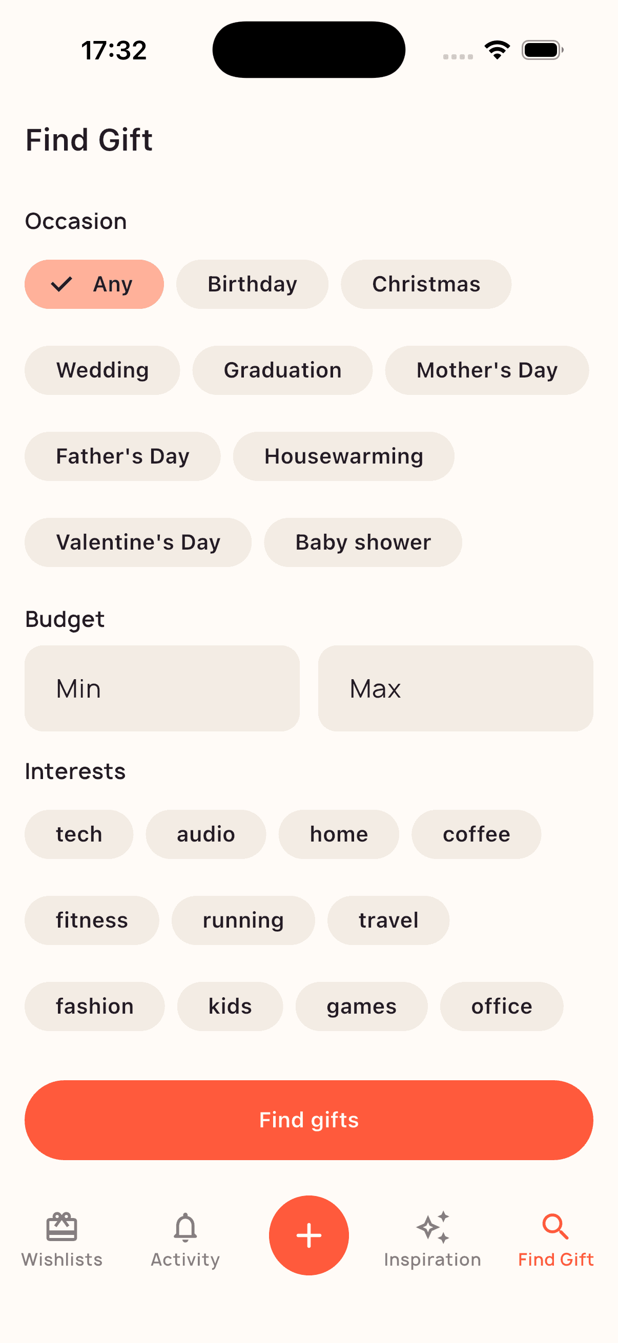 The Find Gift screen in NuWish, with filters for occasion, budget and interests