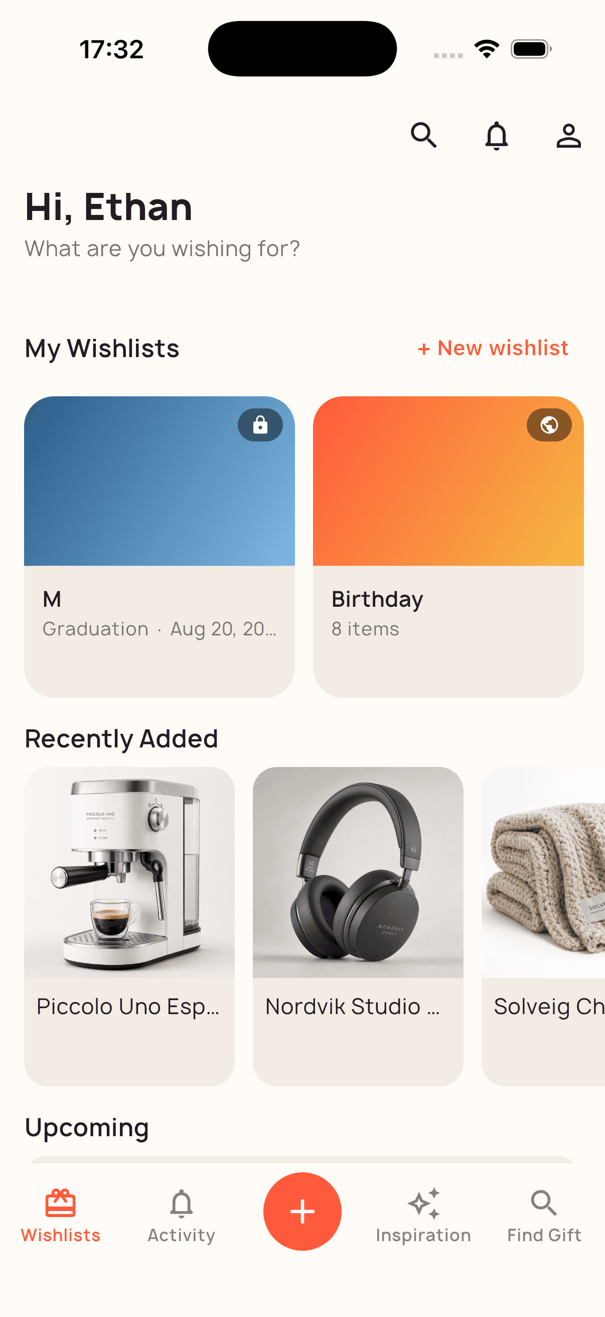 The NuWish home screen showing two wishlists and recently added gifts