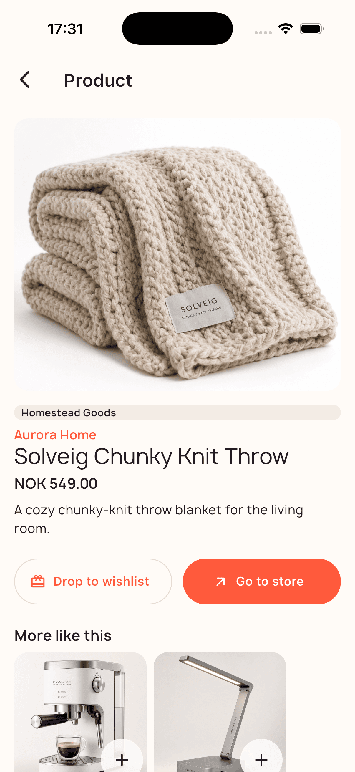 A product page in NuWish showing the item, price and buttons to drop it to a wishlist or go to the store